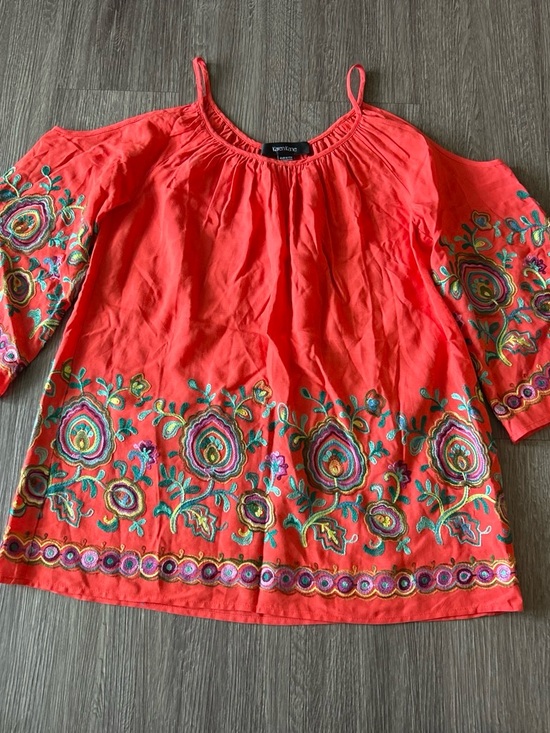 Karen Kane Tops - Karen Kane Red Cold-Shoulder Embroidered Tunic Top